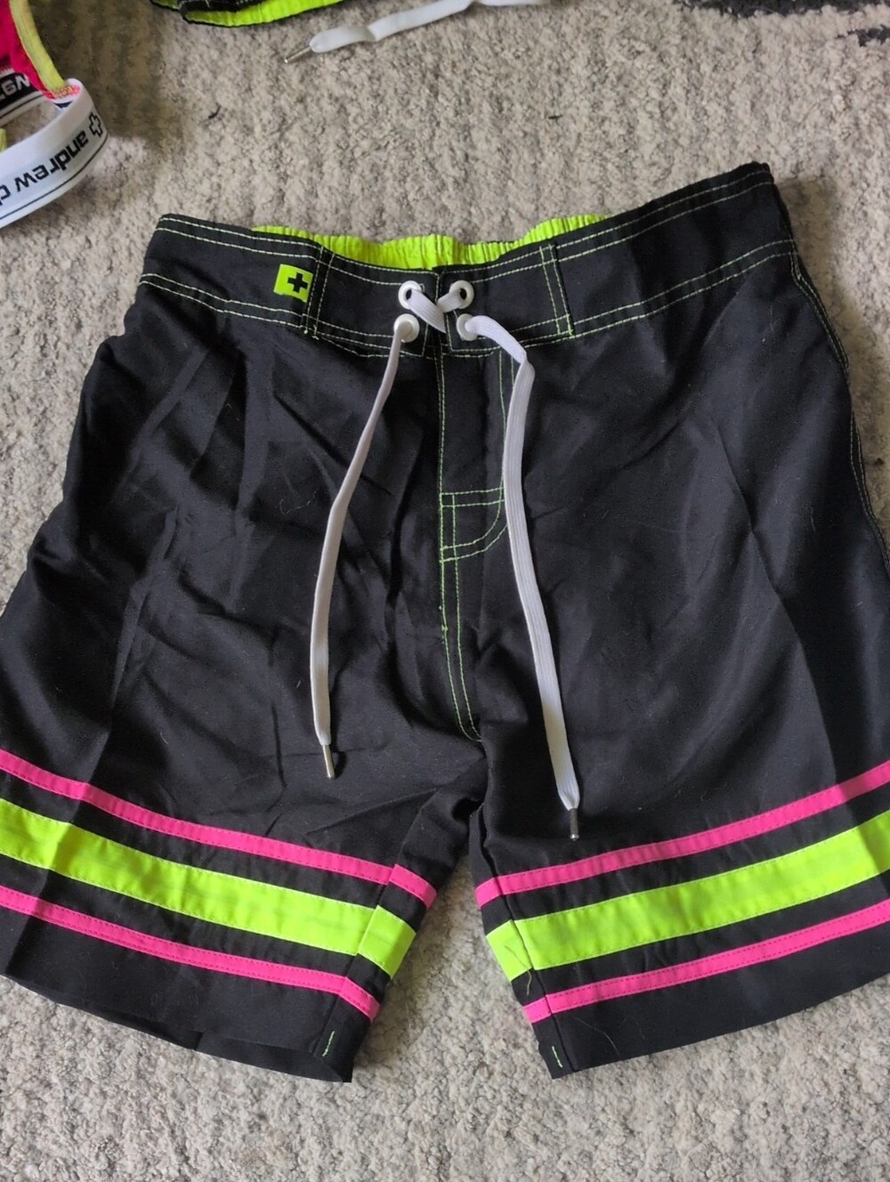 Andrew Christian Black Swim Shorts with Neon Yellow & Pink Stripes